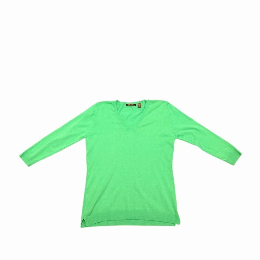 525 America Bright Green V-Neck Knit Sweater Size S 3/4 Sleeve Preppy Layering - Picture 1 of 8